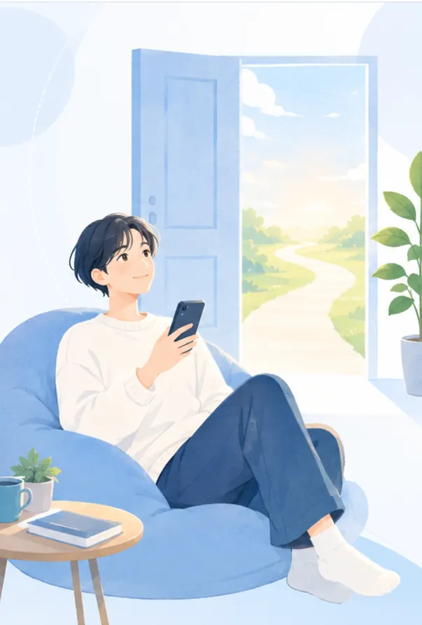 スマートフォンでLINE相談をしながら、開いたドアの先に続く道を見つめる人のイラスト